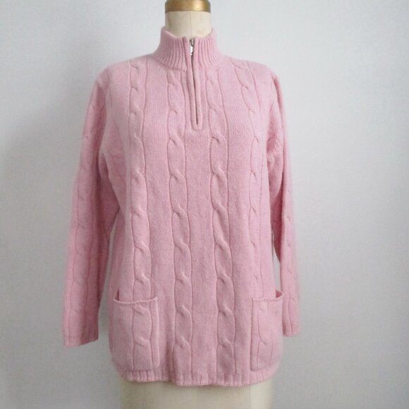 Wool Angora Pink Cable Knit Half Zip Pullover Sweater Mock Neck w/ Pockets - Picture 1 of 11